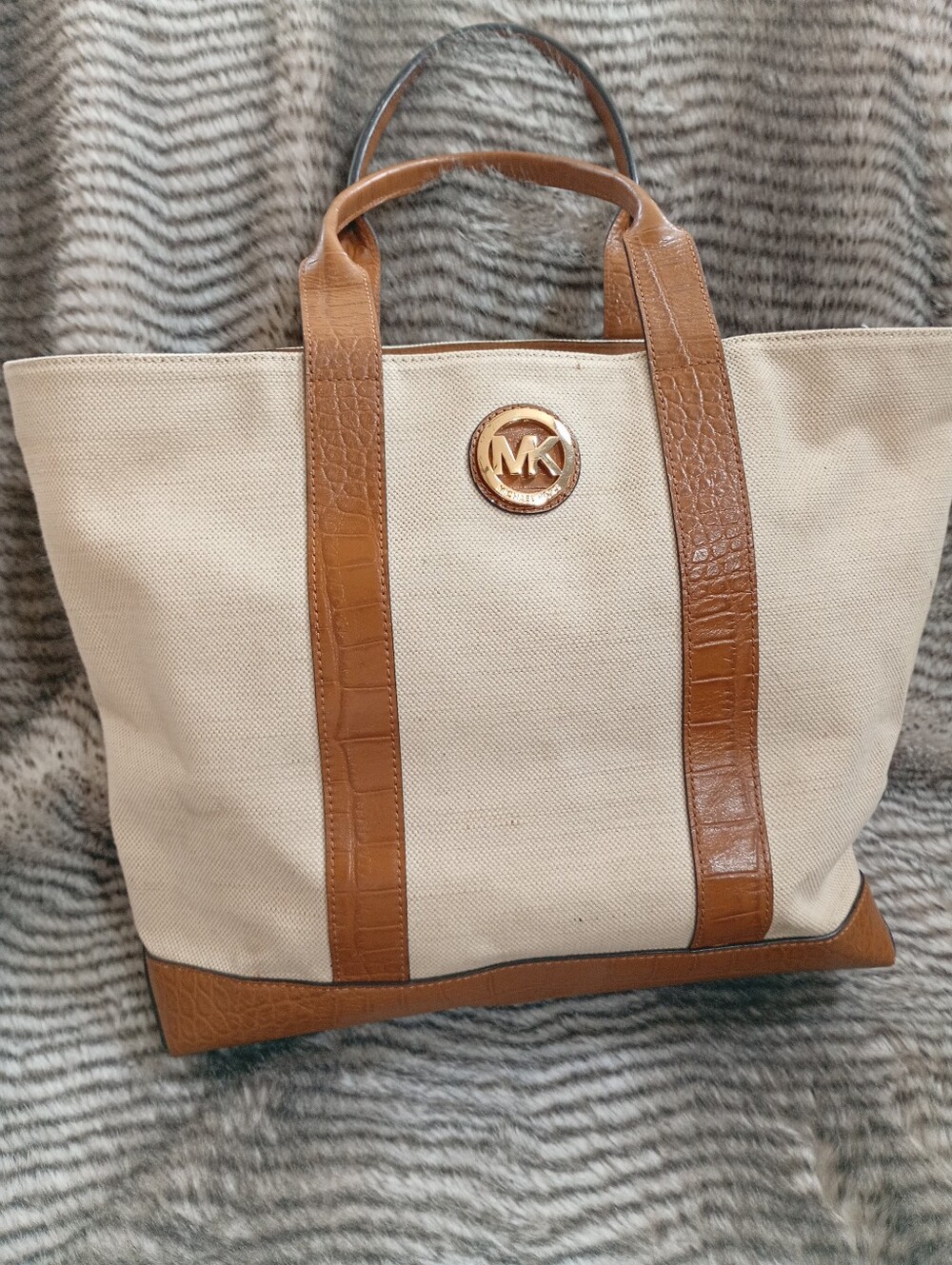 Michael Kors | Cream Canvas Tote with Brown Leather Trim